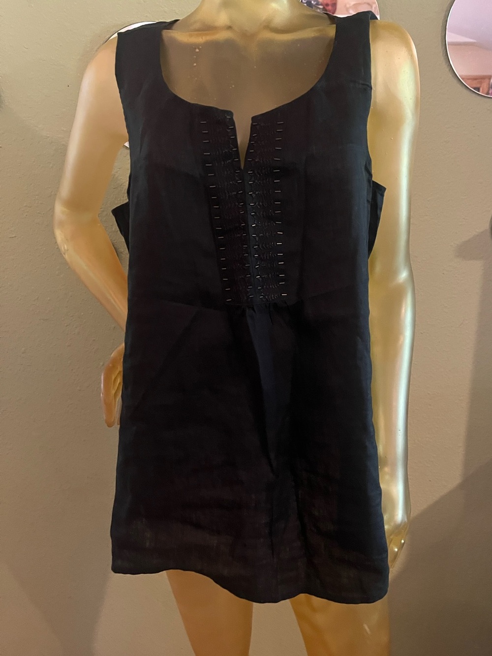 J. Jill Black Linen Sleeveless Tunic with Embellished Front